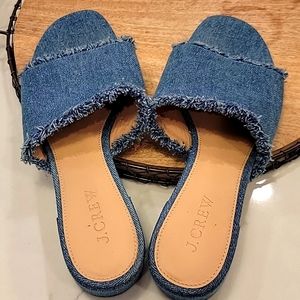 J. Crew denim slip in mules, denim fringe embellished, Size 7.5 M